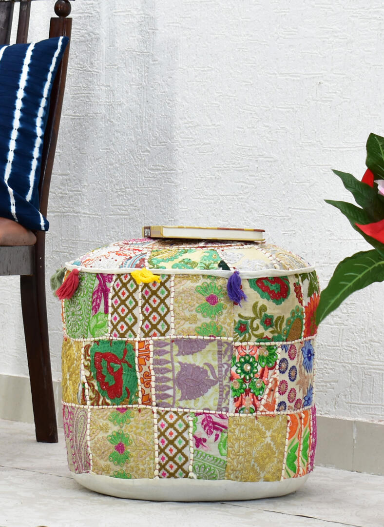 Cotton Gwen Pouffe/Ottoman Khambadiya Patchwork - White - Image 2